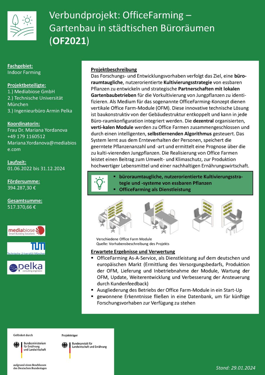 Steckbrief des Projekts: OfficeFarming - Gartenbau in städtischen Büroräumen OF2021)