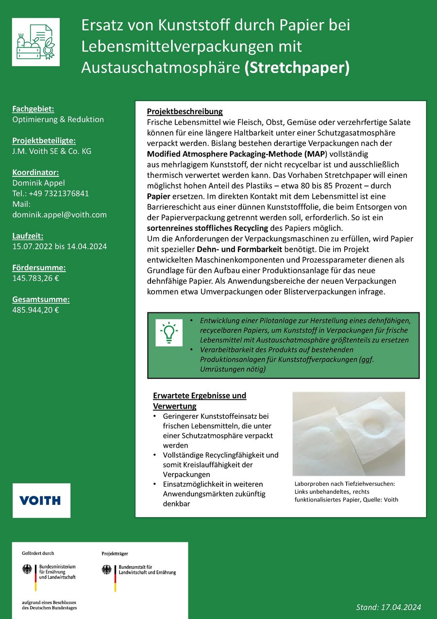 Steckbrief des Projektes Ersatz von Kunststoff durch Papier bei Lebensmittelverpackungen mit Austauschatmosphäre (Strechpaper)