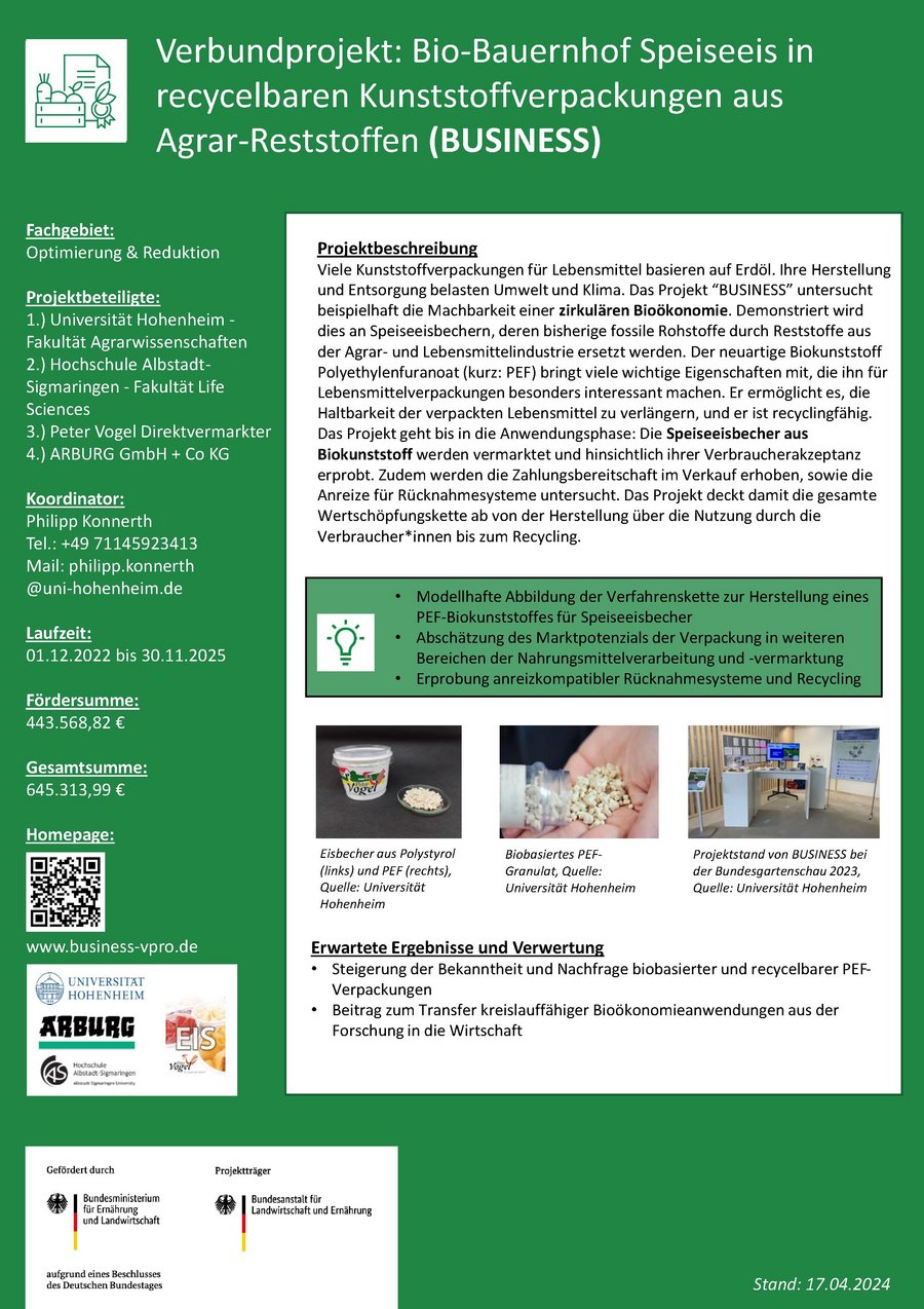 Steckbrief des Projektes Bio-Bauernhof Speise-Eis in recycelbaren Kunststoffverpackungen aus Agrar-Reststoffen (BUSINESS)