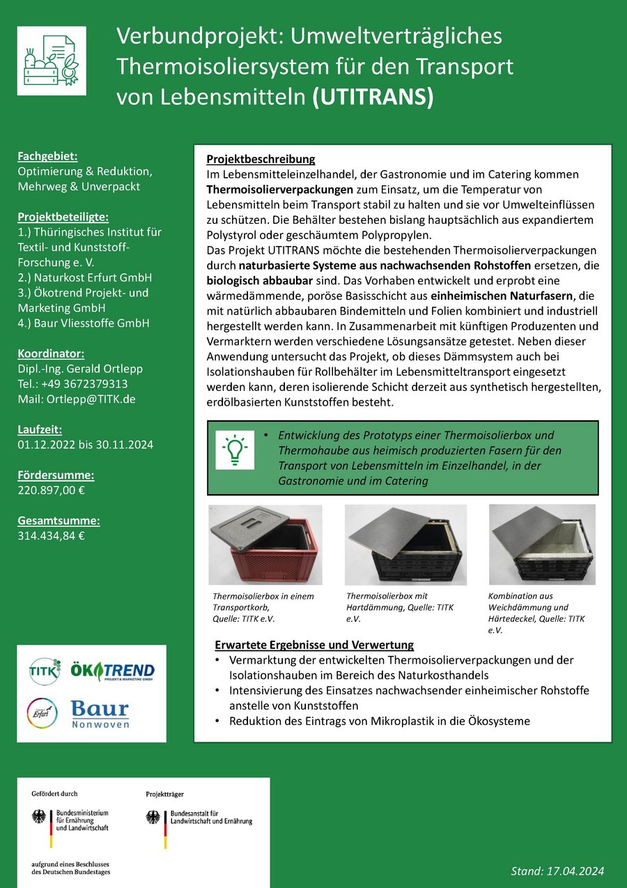 Steckbrief des Projektes Umweltverträgliches Thermoisoliersystem für den Transport von Lebensmitteln (UTITRANS)