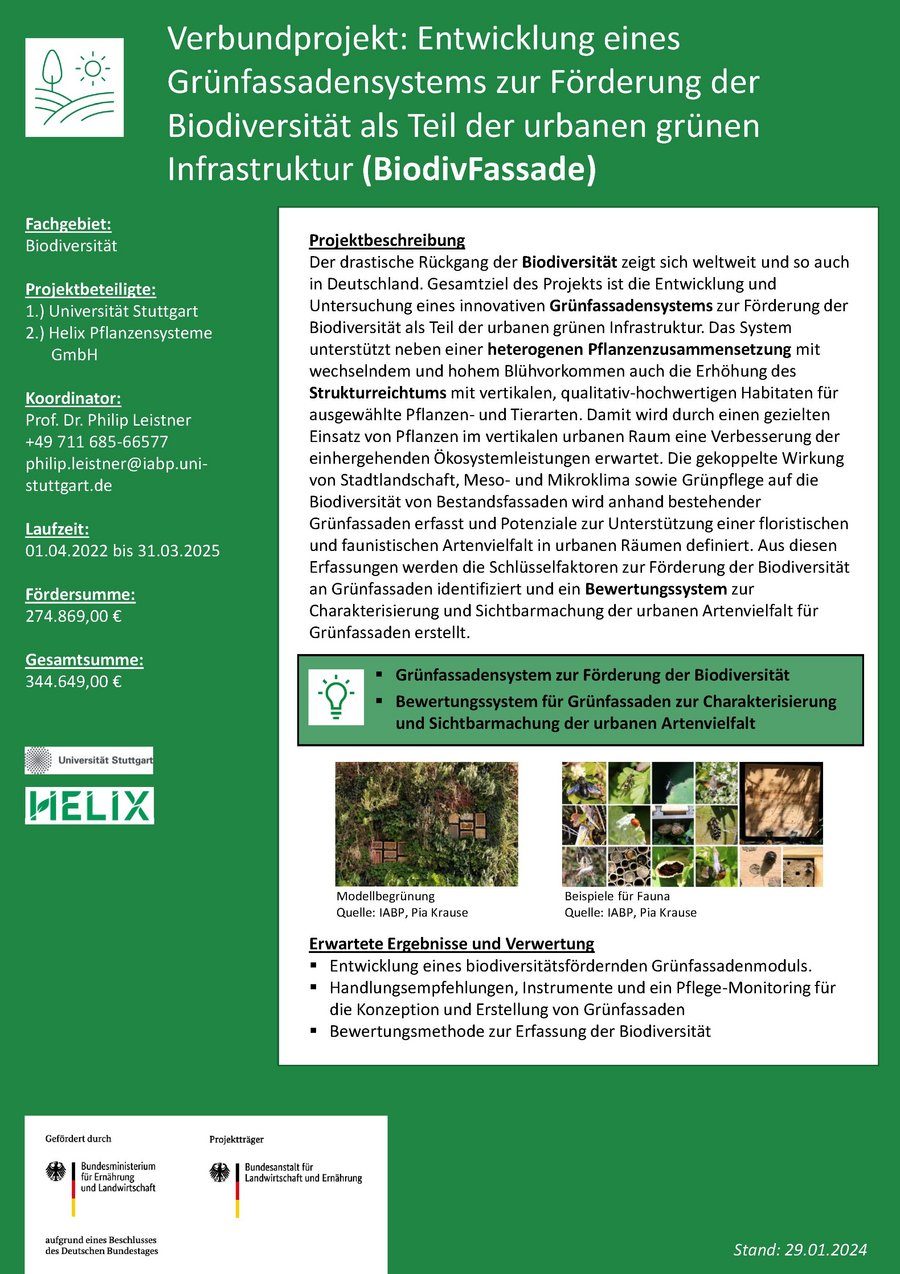 Steckbrief des Projekts: Entwicklung eines Grünfassadensystems zur Förderung der Biodiversität als Teil der urbanen grünen Infrastruktur (BiodivFassade)