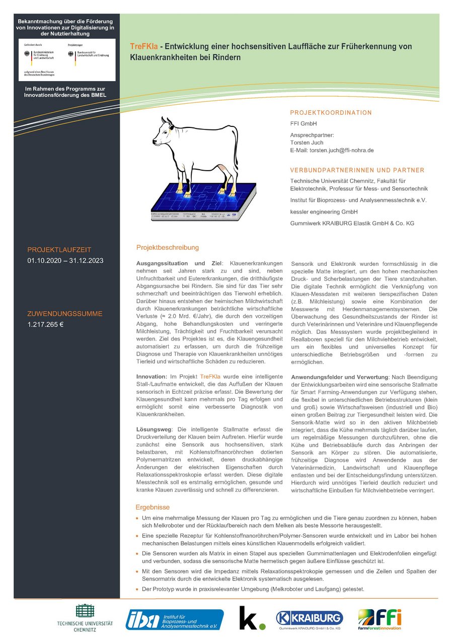 Steckbrief des Projekts: Entwicklung einer hochsensitiven Lauffläche zur Früherkennung von Klauenkrankheiten bei Rindern (TreFKla)