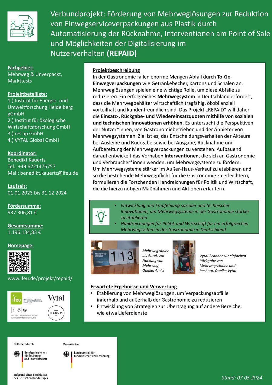 Steckbrief des Projektes Förderung von Mehrweglösungen zur Reduktion von Einwegserviceverpackungen aus Plastik durch Automatisierung der Rücknahme, Interventionen am Point of Sale und Möglichkeiten der Digitalisierung im Nutzerverhalten (REPAID)