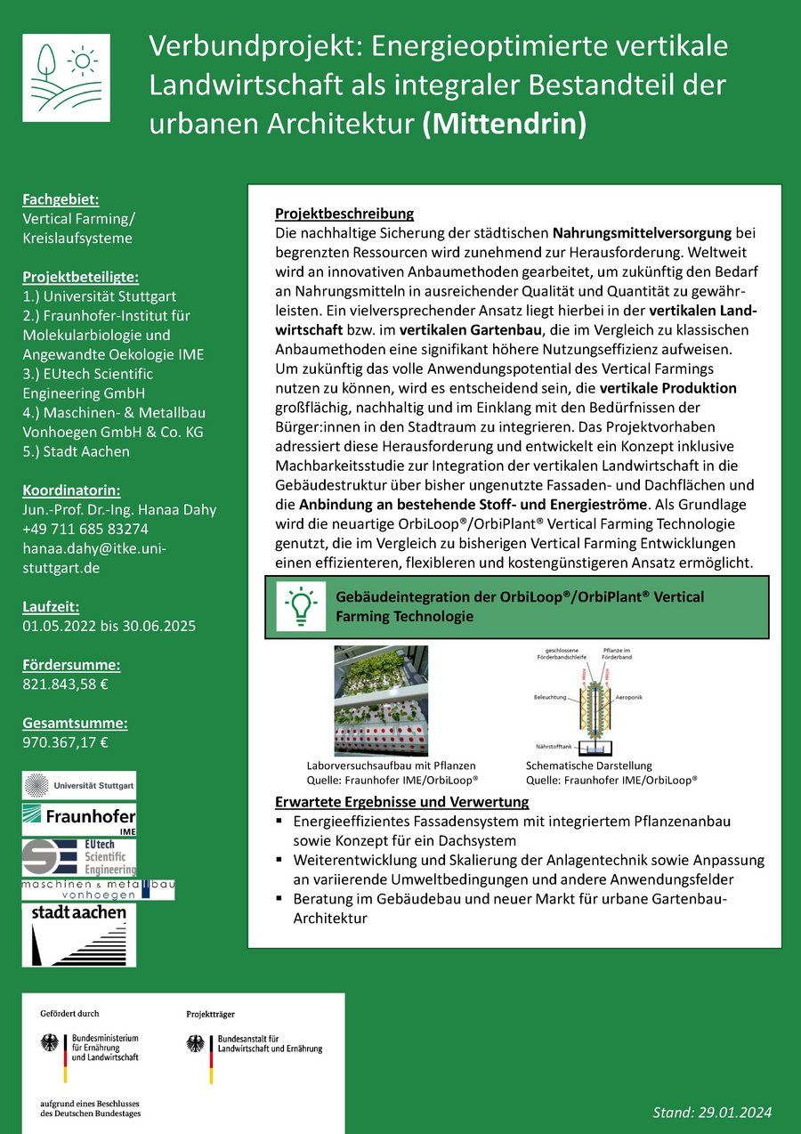 Steckbrief des Projekts: Energieoptimierte vertikale Landwirtschaft als integraler Bestandteil der urbanen Architektur (Mittendrin)